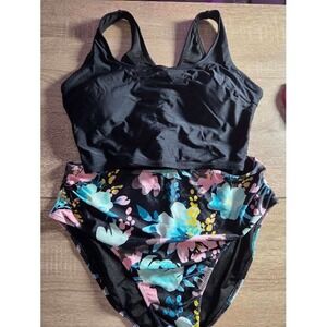 Popvil Womens XXL Black Lace Up Bikini Set High Waisted Floral Swimsuit HZ61008